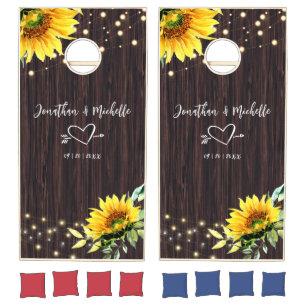 Sunflower String Lights Rustic Dark Wood Wedding Cornhole Set