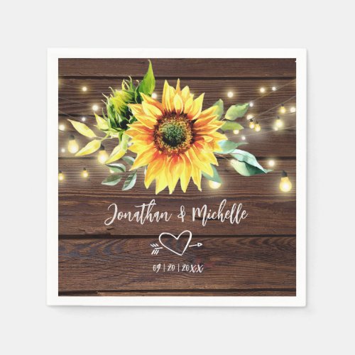 Sunflower String Lights Rustic Dark Wood Wedding Napkins