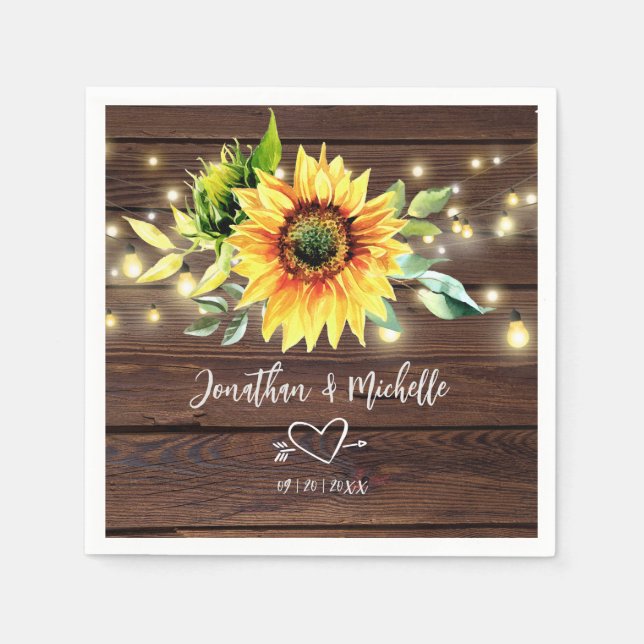Sunflower String Lights Rustic Dark Wood Wedding Napkins (Front)