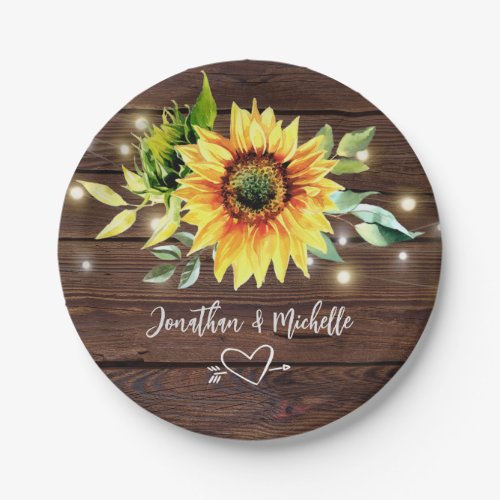 Sunflower String Lights Rustic Dark Wood Wedding Paper Plates