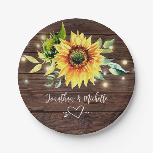 Sunflower String Lights Rustic Dark Wood Wedding Paper Plates (Front)