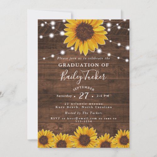 Sunflower String Lights Rustic Graduation Invitation