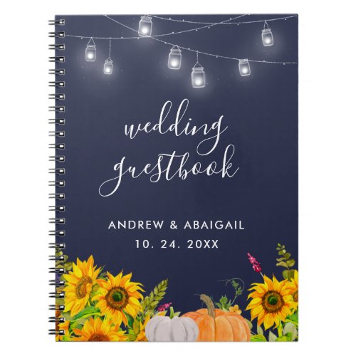 Sunflower String Lights Rustic Wedding Guestbook Notebook