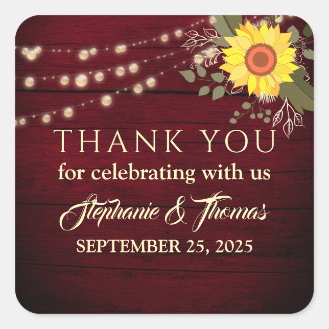 Sunflower String Lights Wedding Thank You Square Sticker (Front)
