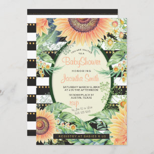 Sunflower Stripes Glam Baby Shower   Modern Rustic Invitation