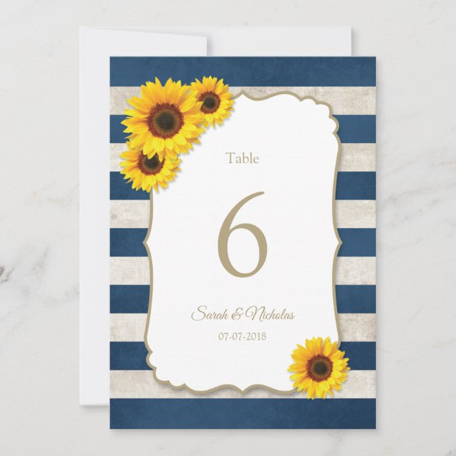 Sunflower Stripes Navy Blue Wedding Table Numbers (Front)