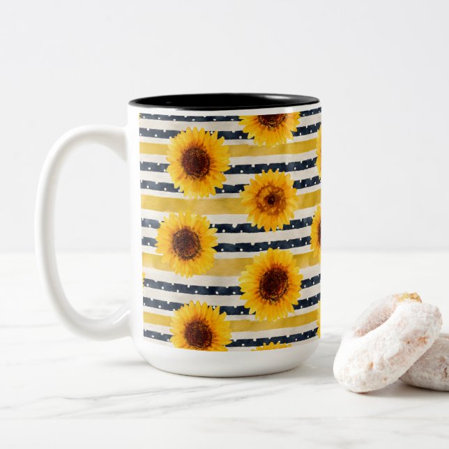 Sunflower Stripes Navy & Yellow  Two-Tone Coffee Mug (With Donut)