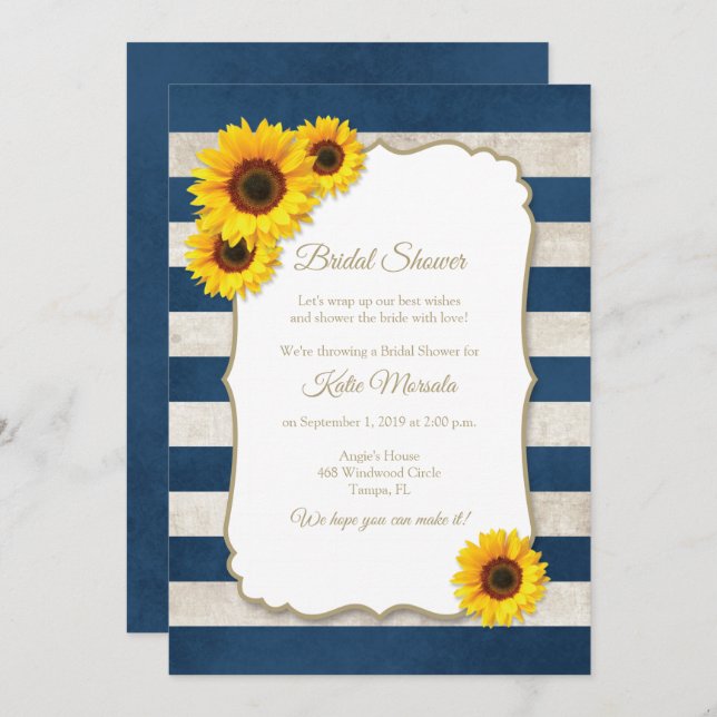 Sunflower Stripes Rustic Navy Blue Bridal Shower Invitation (Front/Back)