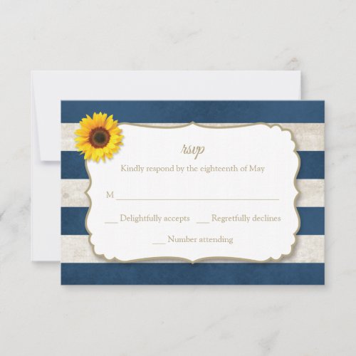 Sunflower Stripes Rustic Summer Navy Blue Wedding RSVP Card