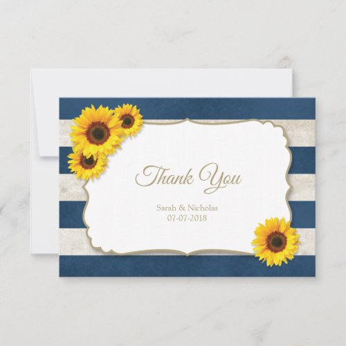 Sunflower Stripes Rustic Summer Wedding Navy Blue Thank You Card