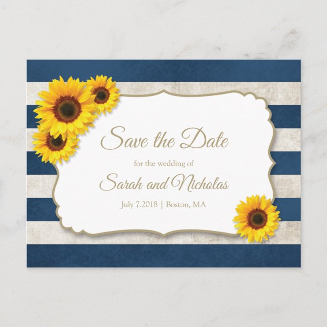 Sunflower Stripes Save the Date, Navy Blue Wedding Announcement Postcard (Front)