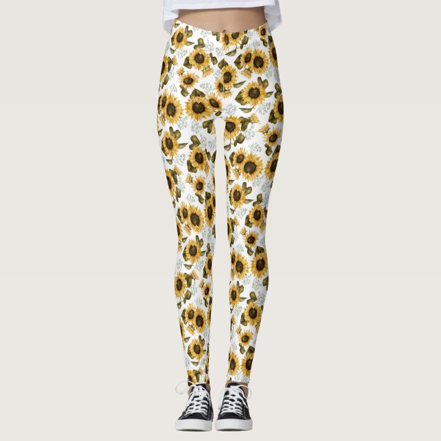Sunflower Summer Floral Pattern Leggings (Front)