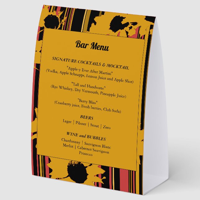Sunflower Summer Gold Red Wedding Bar Menu Paper Table Tent (Back)