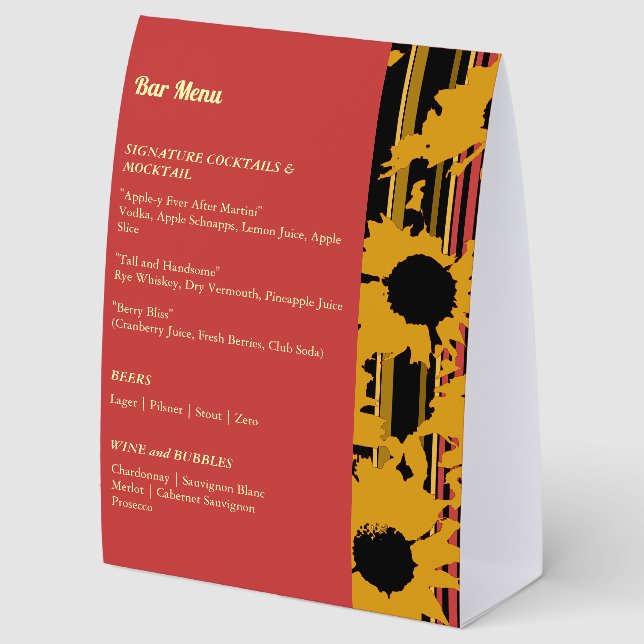 Sunflower Summer Gold Red Wedding Bar Menu Paper Table Tent (Back)