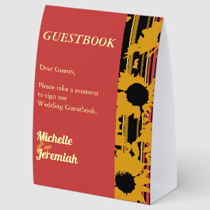 Sunflower Summer Gold Red Wedding Guestbook Paper Table Tent