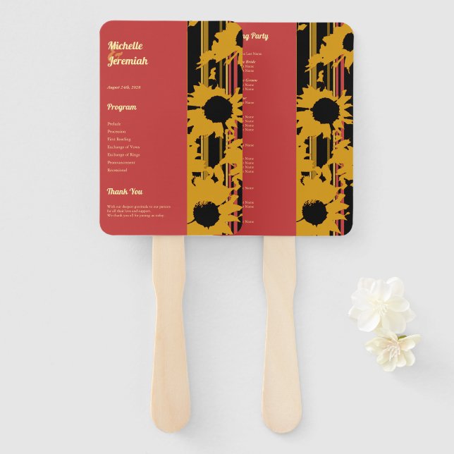 Sunflower Summer Gold Red Wedding Hand Fan (Front and Back)