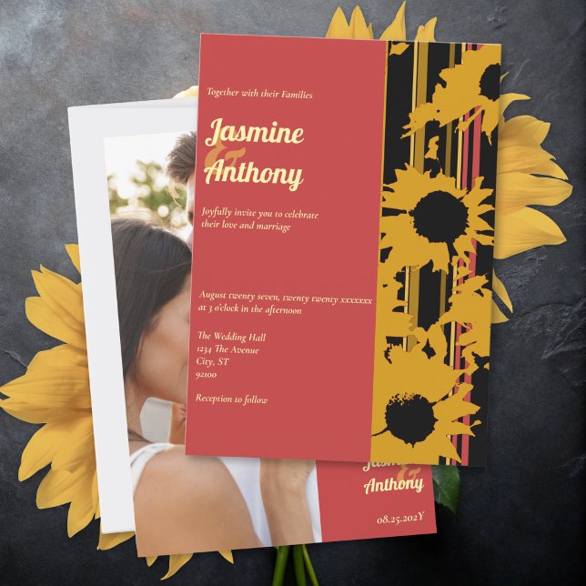 Sunflower Summer Gold Red Wedding Invitation (Creator Uploaded)