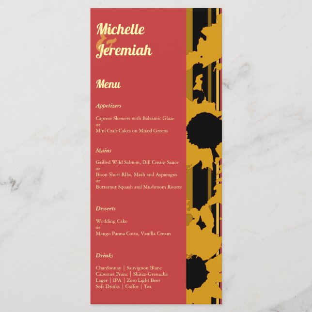 Sunflower Summer Gold Red Wedding Menu (Front)