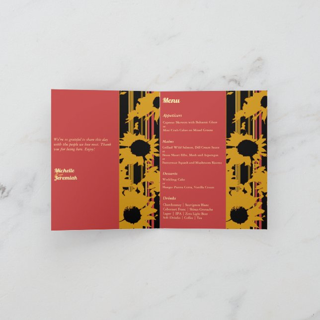 Sunflower Summer Gold Red Wedding Photo Menu (Inside)