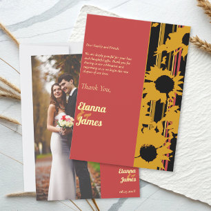 Sunflower Summer Gold Red Wedding Photo Thank You Card