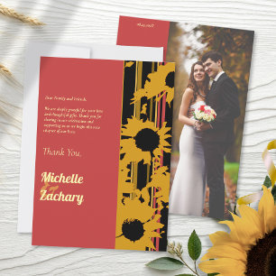 Sunflower Summer Gold Red Wedding Photo Thank You Card