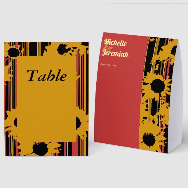 Sunflower Summer Gold Red Wedding Table Number Paper Table Tent (Front/Back)