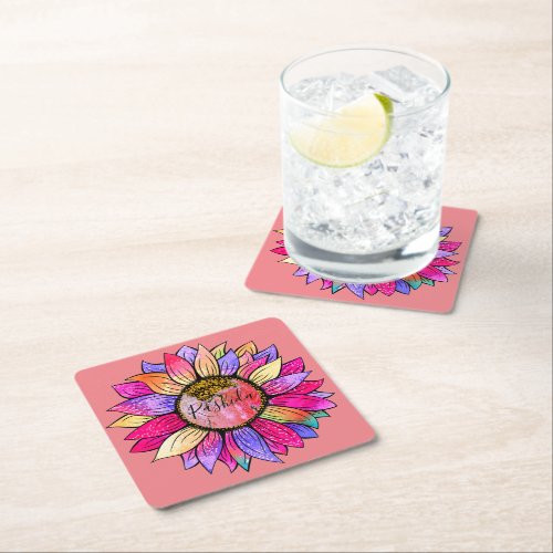 Sunflower Summer Pink and Purple  Square Paper Coaster