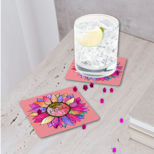 Sunflower Summer Pink and Purple Square Paper Coaster