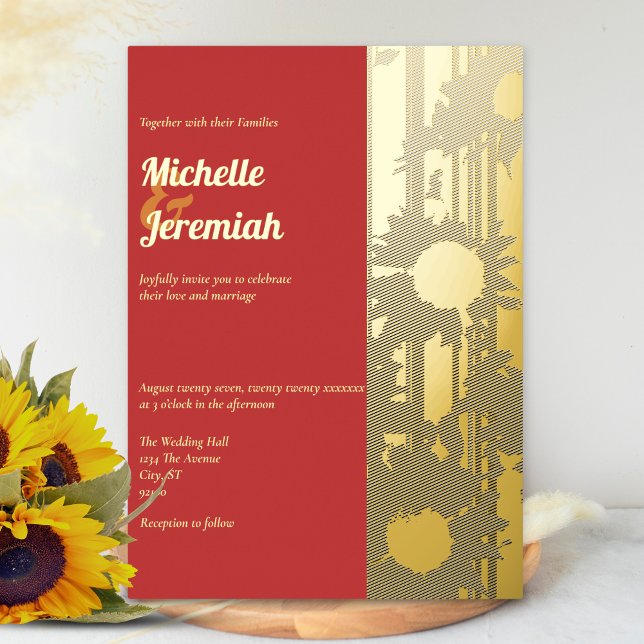 Sunflower Summer Wedding Red Gold Foil Invitation (Creator Uploaded)