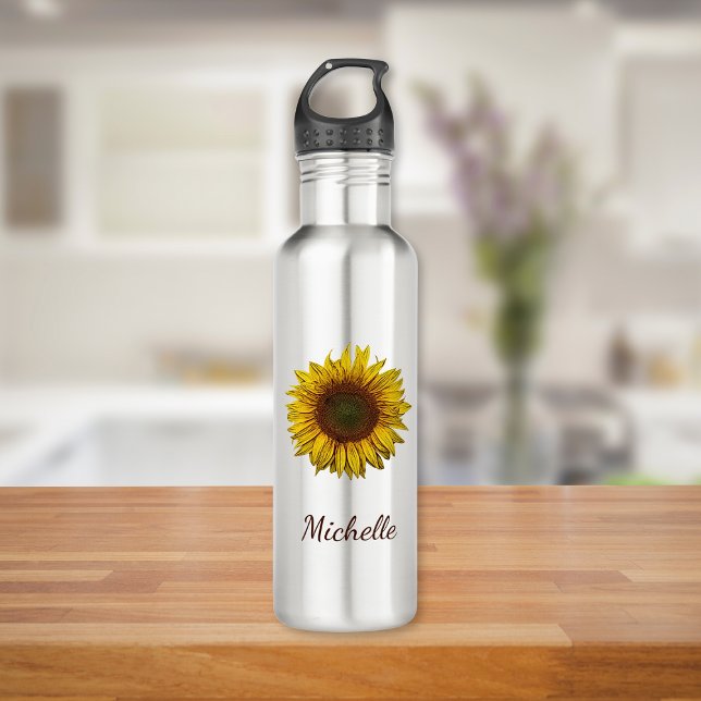 Sunflower Sunflower Rustic Botanical Personalized Stainless Steel Water Bottle (Creator Uploaded)