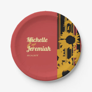 Sunflower Sunset Coral Gold Modern Wedding Paper Plates