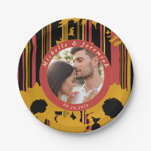 Sunflower Sunset Coral Gold Modern Wedding Photo Paper Plates