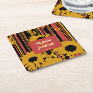 Sunflower Sunset Coral Gold Modern Wedding Square Paper Coaster