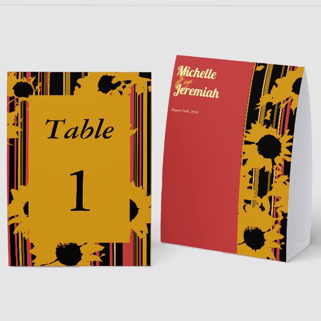 Sunflower Sunset Coral Gold Modern Wedding Table  Paper Table Tent (Front/Back)