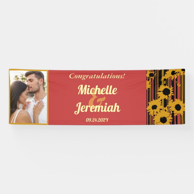 Sunflower Sunset Coral Wedding Congratulations Banner (Horizontal)
