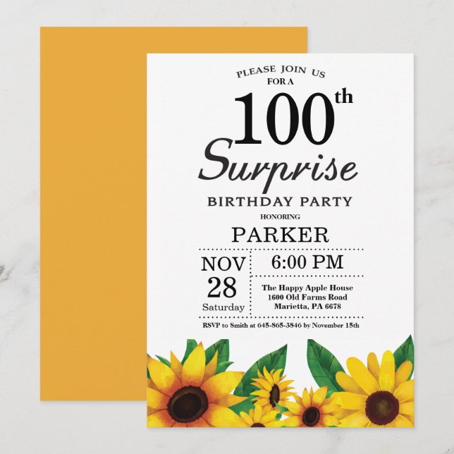 Sunflower Surprise 100th Birthday Invitation (Front/Back)