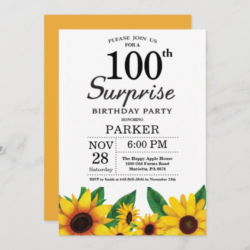 Sunflower Surprise 100th Birthday Invitation