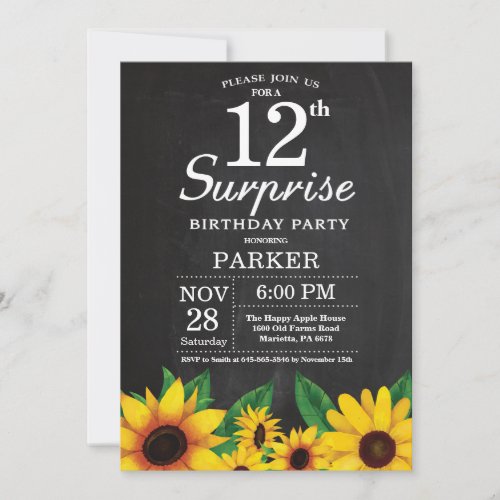 Sunflower Surprise 12th Birthday Invitation
