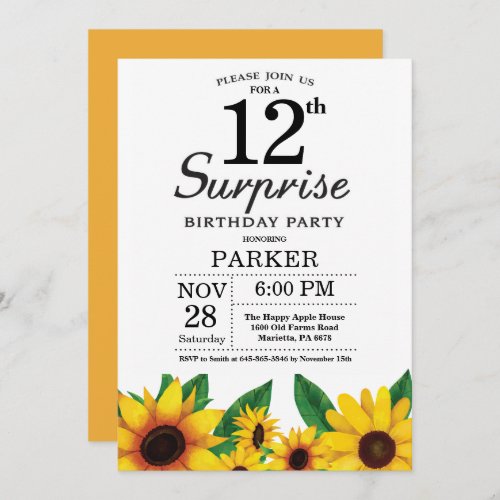 Sunflower Surprise 12th Birthday Invitation