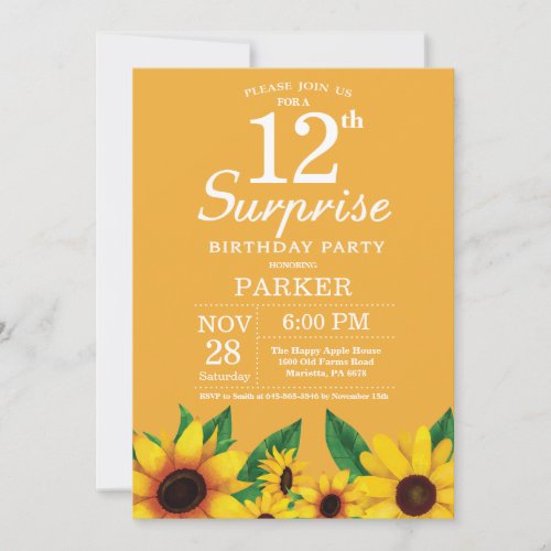 Sunflower Surprise 12th Birthday Invitation