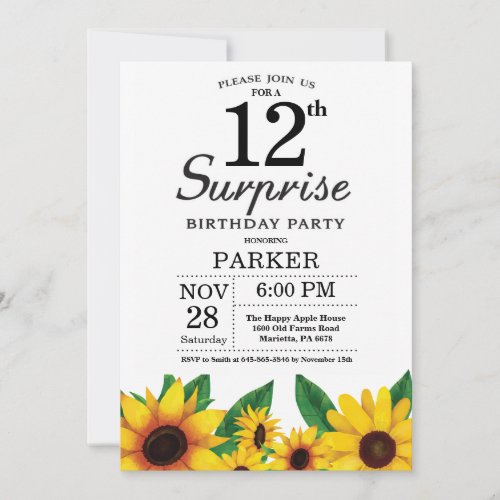Sunflower Surprise 12th Birthday Invitation