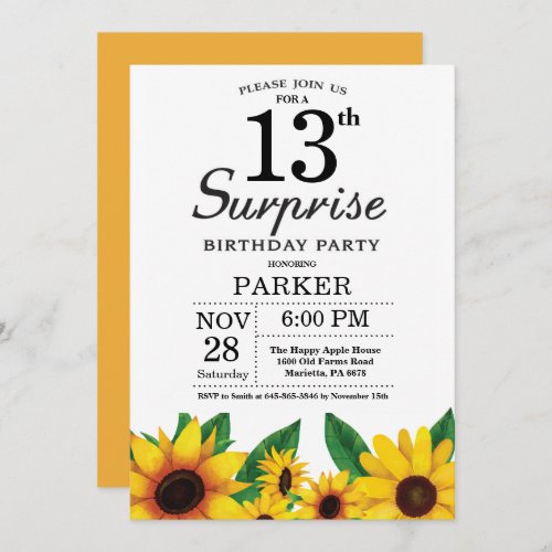 Sunflower Surprise 13th Birthday Invitation