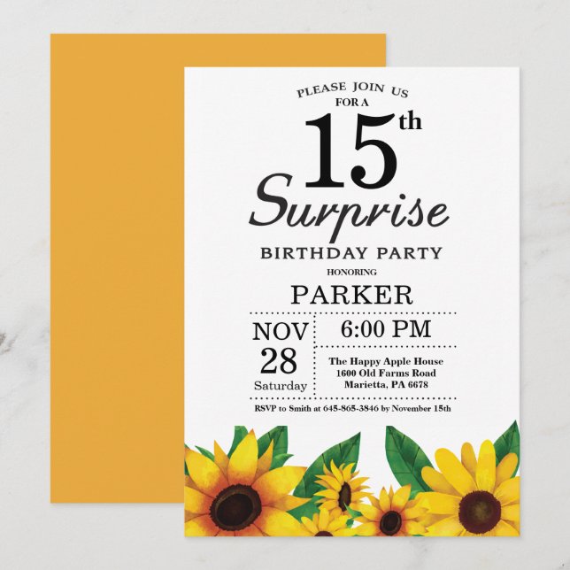 Sunflower Surprise 15th Birthday Invitation (Front/Back)