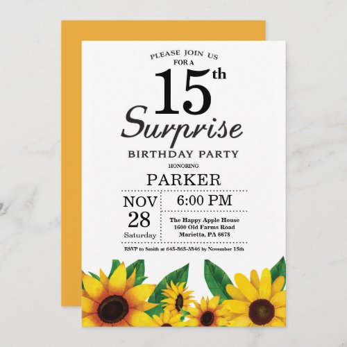 Sunflower Surprise 15th Birthday Invitation