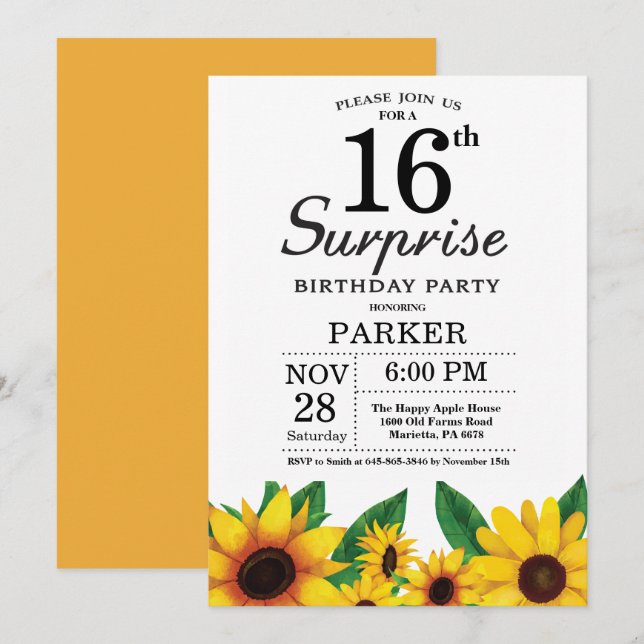 Sunflower Surprise 16th Birthday Invitation (Front/Back)