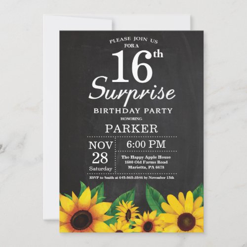 Sunflower Surprise 16th Birthday Invitation