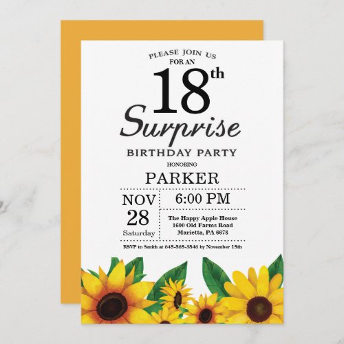 Sunflower Surprise 18th Birthday Invitation