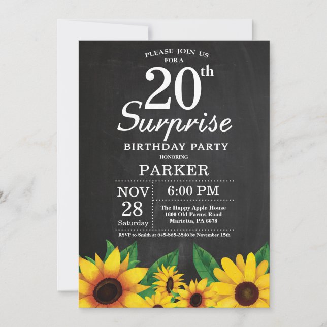 Sunflower Surprise 20th Birthday Invitation (Front)