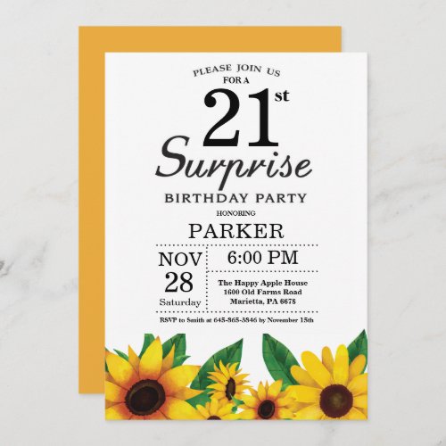 Sunflower Surprise 21st Birthday Invitation