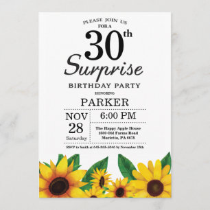 Sunflower Surprise 30th Birthday Invitation
